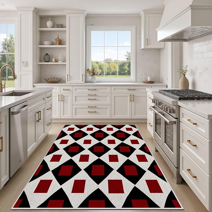 Plaid Rug 3x4, Vintage Geometric Soft Ultra Soft Faux Wool Low Pile Rug, Indoor Floor Mats Carpet, Non-Slip Stain Resistant Washable Rugs, Modern Red Rugs for Living Room Home Office Decor