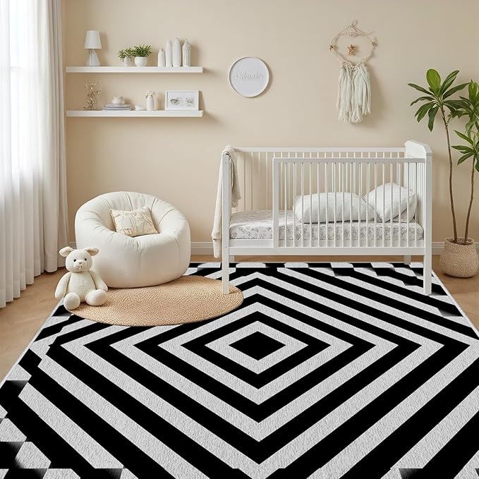 Black and White Rug 5x6, Checkered Soft Thin Indoor Floor Mats Carpet, Non-Slip Stain Resistant Washable Rugs, Modern Rhombus Geometric Rugs for Living Room, Farmhouse Rug