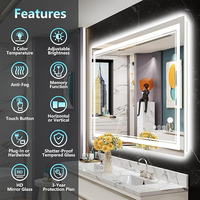 48x36 LED Bathroom Mirror with Lights, Backlit & Front Lit, Anti-Fog Frameless Lighted Vanity Mirrors for Bathroom Wall, Dimmable, 3-Color Light, Memory, Shatter-Proof, Tempered Glass, CRI＞90