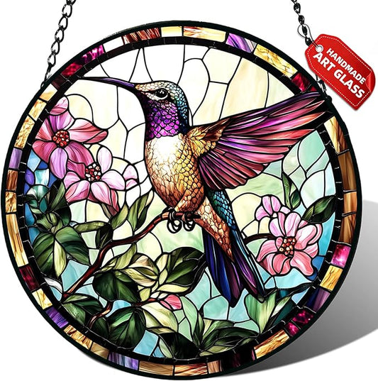 Stained Glass Window Hanging, Hummingbird Suncatcher for Door Home Decor, Birds Flowers Sun Catcher Ornament Mother's Day Birthday Gifts for Bird Lovers Women Men Mom 7.8 in