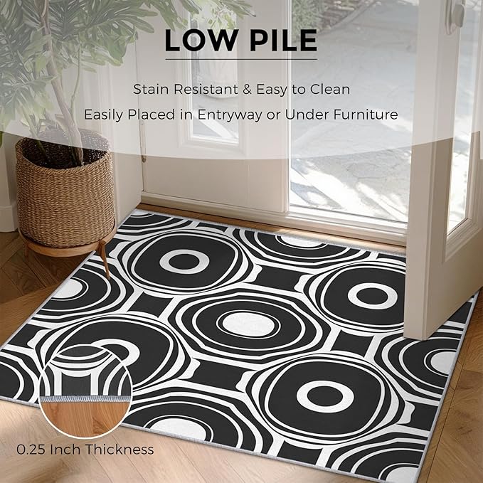 Black and White Geometric Rugs for Entryway, 2x3 ft, Ring Circle Area Rugs for Bedroom Kitchen Entrance, Soft Non Slip Washable Modern Abstract Indoor Door Mat Home Decorations Dt-Ghf-31