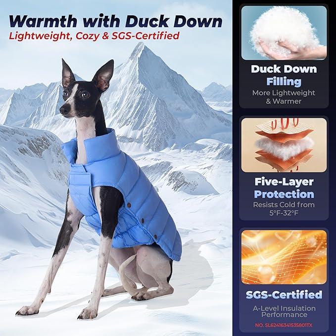 SPACE LION Dog Puffer Jacket, Down Winter Coat, Durable Outdoor Coat for Cold and Windy Conditions, Lightweight & Adjustable Fit Coats for Medium & Large Dogs,(Blue, Size16/XL)