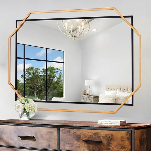 48.5"x32.5" Large Bathroom Mirror, Black and Gold Living Room Wall Mirror, with Decorative Metal Frame, Dining Room, Entryway