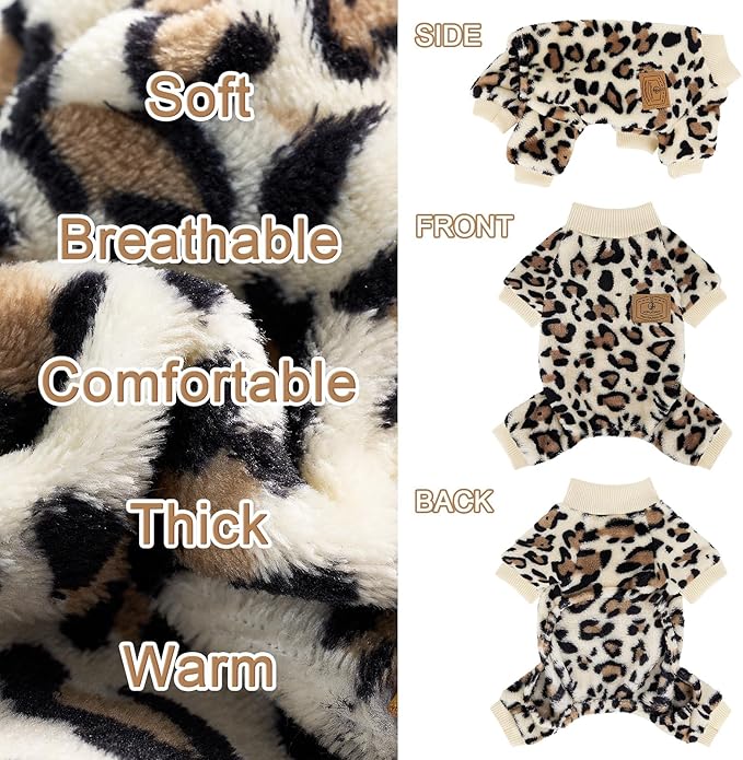 XPUDAC Fleece Dog Pajamas Leopard Dog Sweaters Winter Puppy Clothes for Small Medium Dogs Boy Girl Pet Jumpsuits Doggie Outfits for Christmas, S