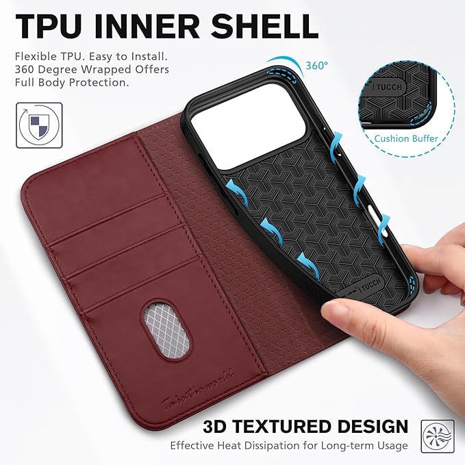 TUCCH Wallet Case for iPhone 17 Pro Max (6.9") 2025, 3 Credit Card Slot | RFID Blocking | Stand | PU Leather | Protective Flip Folio Cover | Shockproof TPU Interior Shell | Deep Red