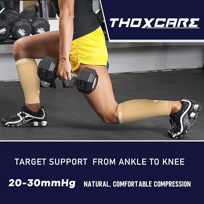 Thoxcare Calf Compression Sleeve for Men Women (2 Pairs), Leg Support Footless Compression Socks for Running - Shin Splint Varicose Veins Swelling & Pain Relief, Beige/White, Small