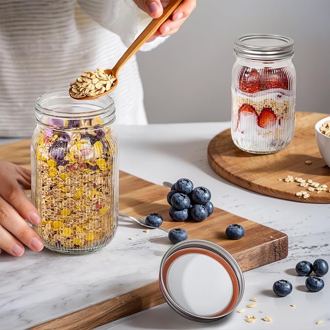 LUODA MirthMood 32 OZ Wide Mouth Mason Jars, 4 PACK Glass Mason Jars with airtight Lids, Quart mason jars wide mouth for Fermenting, Pickling, Freezing, Preserving, Meal Prep, Jar Décor
