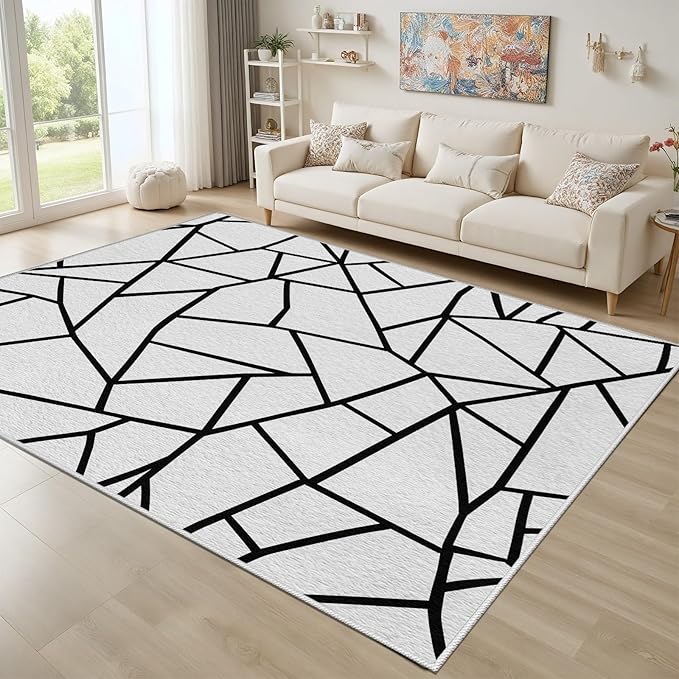 White and Black Rug - Black and White Rug, Geometric Area Rugs 6x8, Modern Abstract Rugs for Living Room Bedroom, Irregular Polygon Carpet Washable Non Slip Home Decor