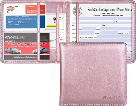 Wisdompro Small Car Registration and Insurance Documents Holder - Premium PU Leather Vehicle Glove Box Paperwork Wallet Case Organizer for ID, Driver's License, Key Contact Information Cards