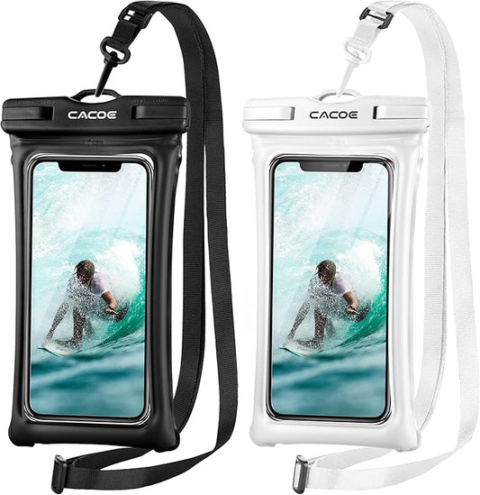 CACOE [Floatable] Floating Universal Waterproof Phone case 2 Pack-Up to 7.0",Phone Pouch with Adjustable Neck Lanyard,IPX8 Cellphone Dry Bags for Vacation Water Activities（Black+White）