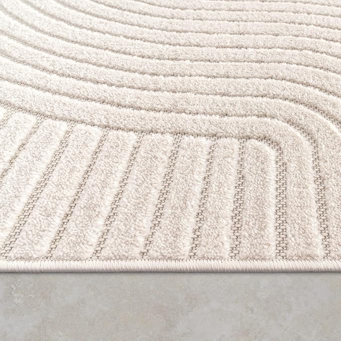 Paco Home Modern Area Rug with Raised Curved Line Pattern – Minimalist Design in Cream, Size: 4' Round