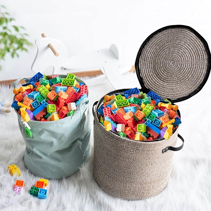 Cotton rope Storage Basket with Zipper cover & Woven baskets with Lid easy to move Multi-Purpose Storage Basket for Living Room, 13 x14 inches(Brown)