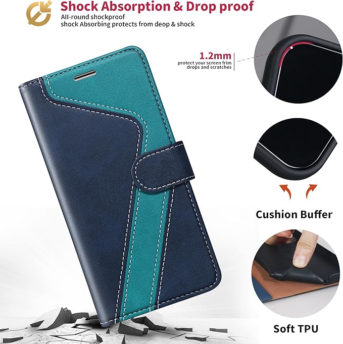 CIVICASE for iPhone 14 Pro Max Wallet Case,Leather Flip Case [RFID Blocking] Credit Card Holder Folio Magnetic Stand TPU Shockproof Cover Color Matching for iPhone 14 Pro Max (6.7") Blue Green