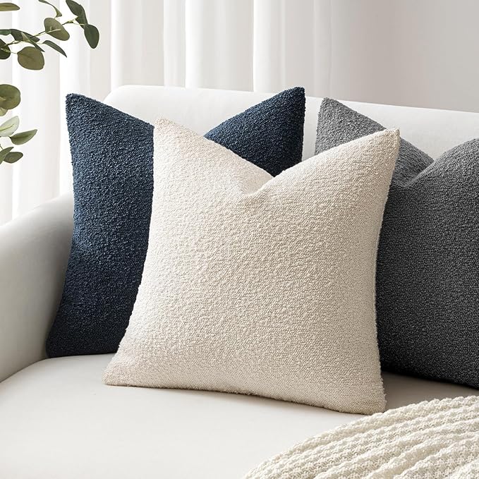 Woaboy Pack of 2 18x18 Inch Decorative Boucle Throw Pillow Covers Textured Square Pillowcaes Accent Solid Cozy Soft Cushion Covers Home Decor for Sofa Couch Living Room Home Decor,Dark Gray