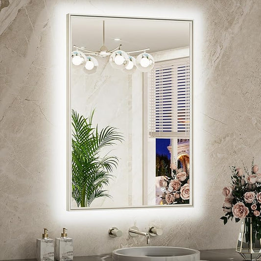 TETOTE 24 x 36 Backlit Bathroom Mirror Brushed Nickel Metal Frame LED Light Vanity 3-Color White/Warm/Natural Stepless Dimmable Anti-Fog Backlight Mirror Wall-Mounted