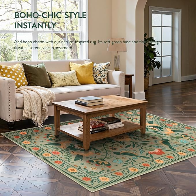 Moynesa Living Room Rug 5x7, Washable Modern Farmhouse Green Area Rugs for Bedroom Dining Room, Country Floral Bird Print Pattern Carpet, Aesthetic Home Decorations Open Floor Areas Protection