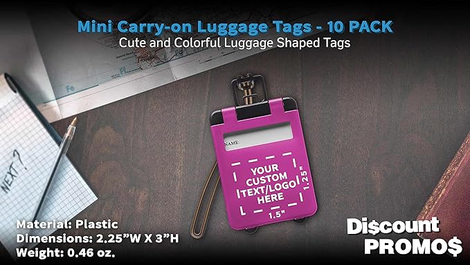 10 Mini Carry-on Luggage Tags Pack - Customizable Text, Logo - Flip Open Cover, ID Sticker - Purple