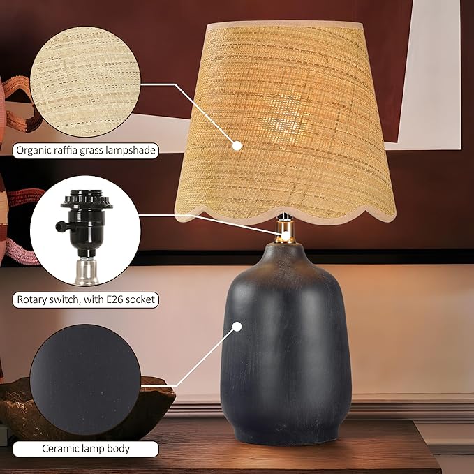 Pia Ricco 19" Modern Ceramic Table Lamp for Living Room Cream Base Desk Lamps for Bedroom Farmhouse Bedside Nightstand Lamp End Table Lamps,Black,Rattan Shade