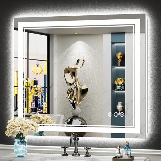 32x36 LED Bathroom Mirror with Lights, Backlit and Front Lit, Anti-Fog Lighted Vanity Mirrors for Bathroom Wall, Dimmable, 3-Color Light, Memory, Shatter-Proof, HD Tempered Glass, CRI＞90