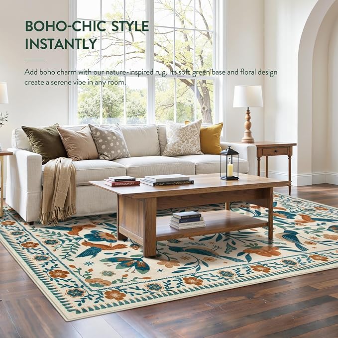 Moynesa Washable 8x10 Area Rugs for Living Room Bedroom Dining Room, Modern Bohemian Farmhouse Floral Bird Print Pattern Medallion Carpet, Retro Home Decor Open Floor Areas Non-Slip Protection