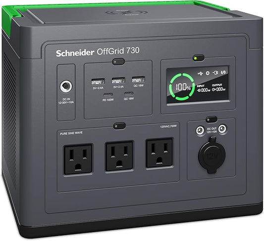 Schneider OffGrid 738Wh Portable Power Station, PPS730 Portable Solar Generator with Wireless Charging Pad, for Camping or Home