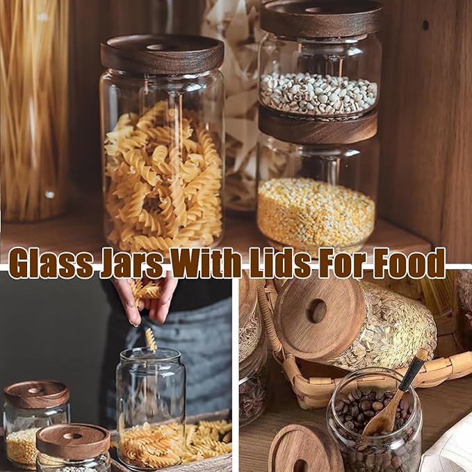 Viovian 10 OZ Glass Jar with Wooden Lid Clear Glass Coffee Storage Jars Airtight Kitchen Food Canister for Sugar Candy Cookie Spice Nuts Tea 300ML