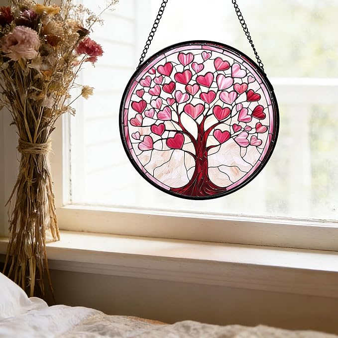 DASTOLL Stained Glass Window Hanging, Pink Love Heart Tree Suncatcher Hangings Beige Sun Catchers Decor for Birthday Holiday for Women, Men, Wife, Aunt, Mom 9.8IN