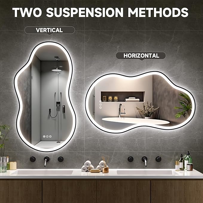 Hasipu Irregular Bathroom Mirror with Lights - 25"x45" LED Asymmetrical Wall Mirror, Abstract Modern Lighted Vanity Mirror for Wall, Anit-Fog, Dimmable, Memory, Vertical/Horizontal (Black