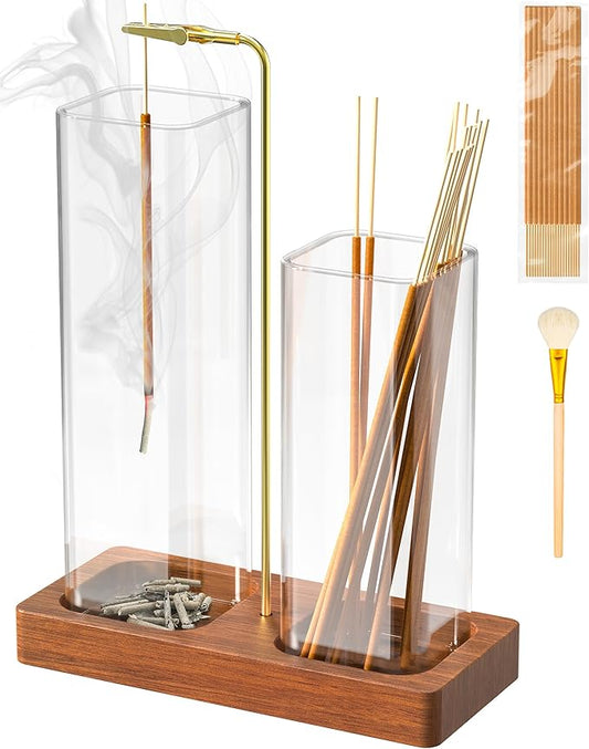 2 in 1 Incense Holder, Large Glass Incense Holder for Sticks, Upside Down Wooden Incense Burner with Ash Catcher & Incense Storage for Meditation Yoga Spa Home Decor, with 20 Incense Sticks & Brush