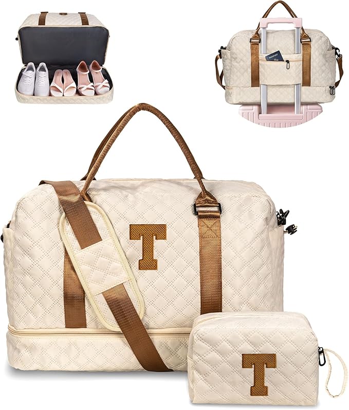 Vogewood Beach Essentials 11 12 13 14 15 16 17 18 Year Old Girls Gifts-Initial Duffle Bag with Shoe Compartment, Personalized Weekender Bag, Travel Bag with Makeup Bag，Birthday Gift for Her (Letter T)