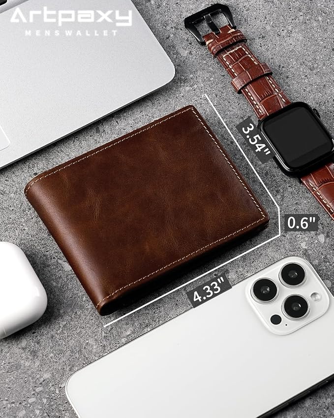 Artpaxy Mens Wallet Bifold Genuine Leather RFID Blocking Wallet for Men with 2 ID Windows 12 Card Holders 2 cash pockets 1 Gift Box