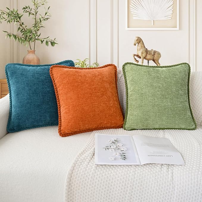 CaliTime Decorative Couch Throw Pillow Covers 20 X 20 Inches Pack of 2 Cozy Chenille Piping Edge Cushion Cases for Sofa Bed Living Room Home Ocean Blue