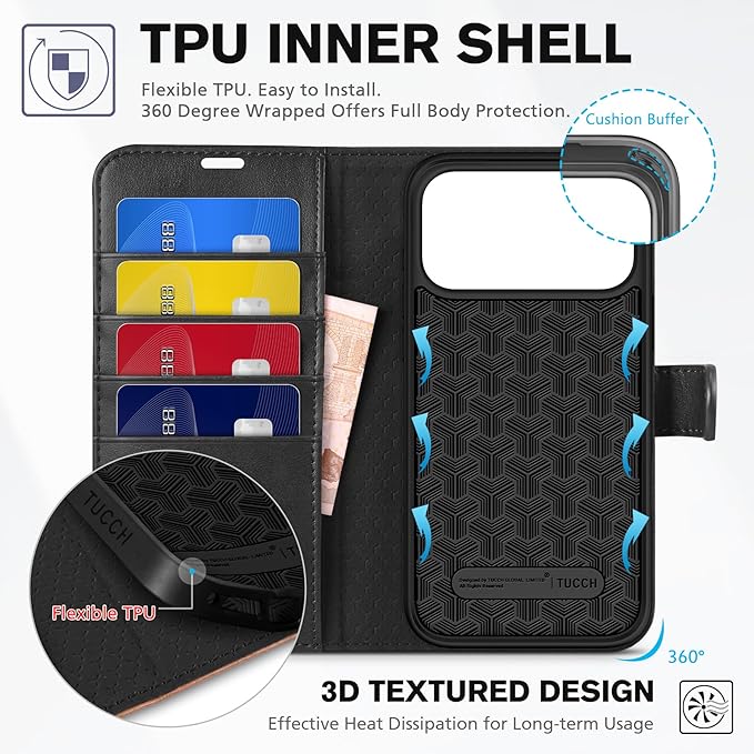 TUCCH Wallet Case for iPhone 17 Pro Max (6.9") 2025, RFID Blocking 4 Card Slots, Kickstand, Shockproof TPU Shell, PU Leather, Magnetic Closure, Protective Flip Folio Cover, Black & Brown