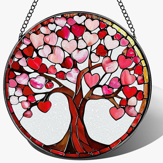 8'' Love Heart Tree Sun Catcher - Stained Glass Window Hanging, Suncatcher for Window Doors Home Decor | Christmas, Birthday, Mother's Day, Valentine's Day Gifts for Her, Girlfriend, Wife, Mom, Friend