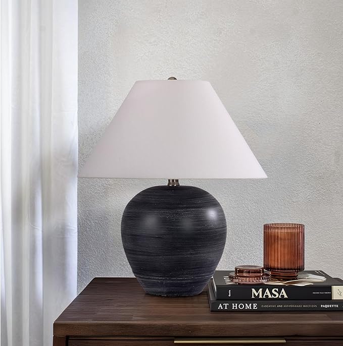 Pia Ricco 21'' Medium Size Black Glossy Ceramic Base Ceramic Basin Table Lamp for Bedroom, Living Room, Dining Room, Office, White Shade,White Striped Black Base