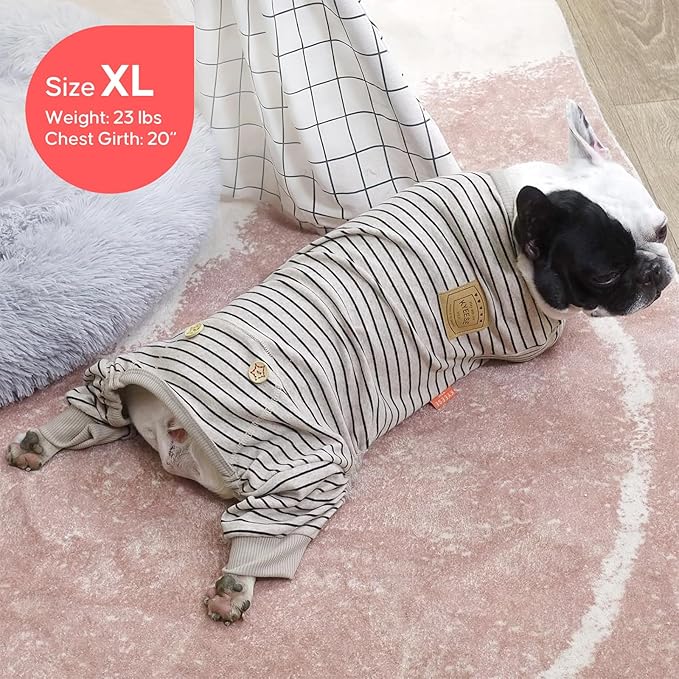 KYEESE Dog Pajamas Striped Pet Jumpsuit Soft Doggie Jammies Lightweight Onesie 4 Legs PJS Stretchable Dog Pajamas Breathable Costumes Comfortable Sleepwear for Small Dogs,Ivory Brown Striped, X-Large