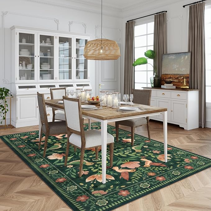 Moynesa Living Room Rug 5x7, Washable Modern Cottage Green Area Rugs for Bedroom Dining Room, Farmhouse Aesthetic Floral Bird Print Carpet, Vintage Home Decor Open Floor Areas Non-Slip Protection