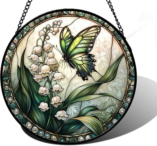 Stained Glass Window Hanging, Lily of The Valley Flower Butterfly Suncatcher for Doors Home Sun Catchers Decoration and Christmas, Mother's Day Birthday Gifts for Women, Men, Mom 6.3 in