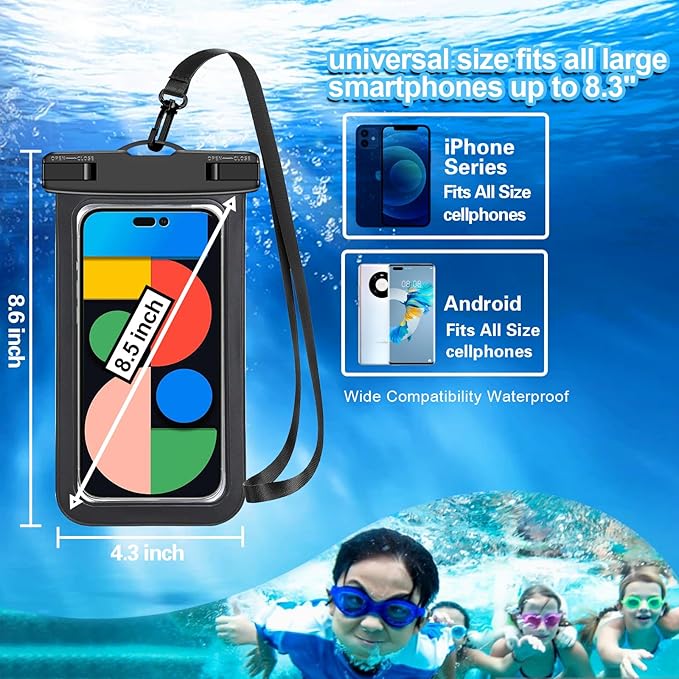 Up to 8.3" 2 Pack Black White Universal Waterproof Phone Pouch, Large Phone Waterproof Case Dry Bag,Protection Level: IP68,Outdoor Sports for Apple iPhone,Samsung,and More,Black,White