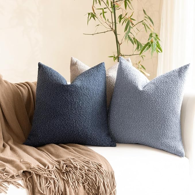 Boucle Decorative Throw Pillow Covers for Couch Set of 2, 24x24 inches, Light Blue