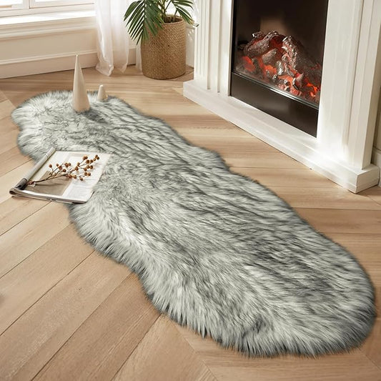 Ciicool Ultra Soft Faux Sheepskin Fur Rug Fluffy Rug for Bedroom Fuzzy Carpet for Living Room Kid's Room Nursery Decor, White Gradient Sliver Black 2 x 6 Feet