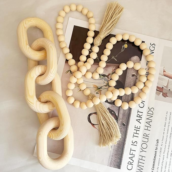 2 Pieces Decorative 5 Link Wooden Chain Decor and Bead Boho Farmhouse Rustic Home Table Decor Coffee Table Shelf Aesthetic Modern Bookshelf Table Wooden Decortion (Natural)