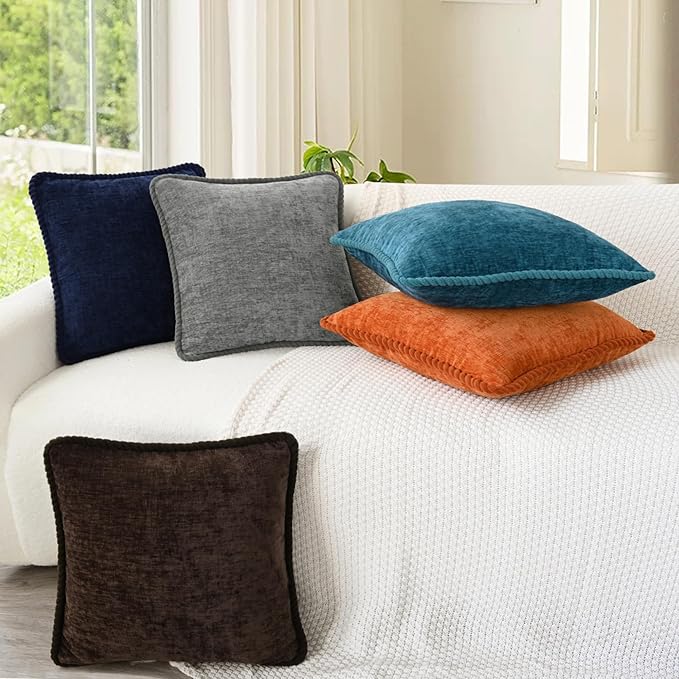 CaliTime Decorative Couch Throw Pillow Covers 20 X 20 Inches Pack of 2 Cozy Chenille Piping Edge Cushion Cases for Sofa Bed Living Room Home Navy Blue