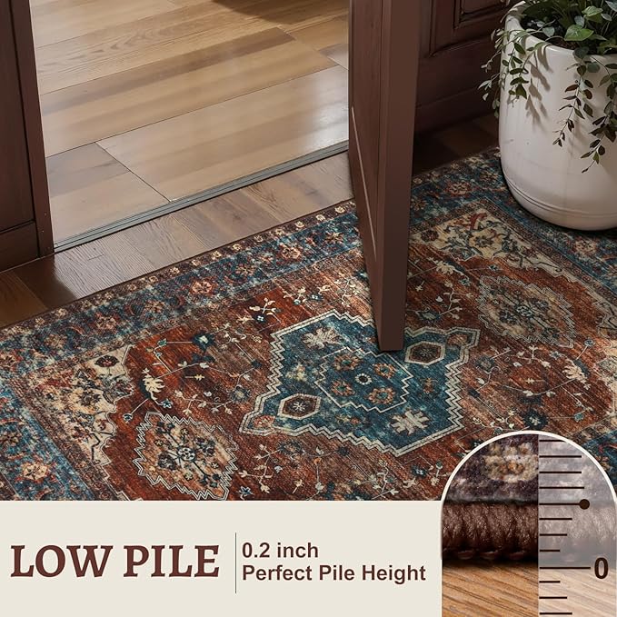 Tangsoo Vintage Rug 2x4 Washable for Entryway BlueNon Slip Small Area Rug, Dark Blue Orange Indoor Front Door Rust Blue