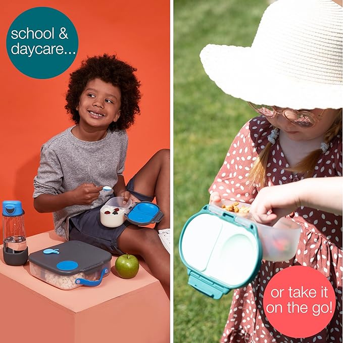 b.box Snack Box 2 Pack - Leak Proof Mini Bento Box for Kids & Toddlers, 2 Compartment Snack Containers for Kids, Dishwasher Safe, BPA Free, PFAS Free, Ages 4m+, 1 3/4 Cup Each (Ocean Blue + Forest)