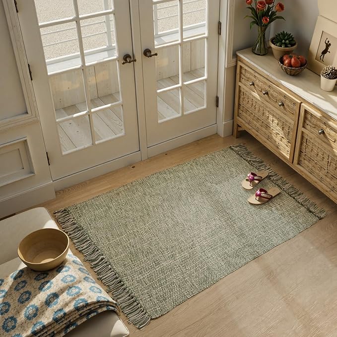 Collive 3x5 Small Area Rugs, Machine Washable Natural/Green Rug Modern Braided Kitchen Rugs, Neutral Reversible Throw Carpet Farmhous Woven Rug for Entryway Indoor Nursery Mudroom Living Room