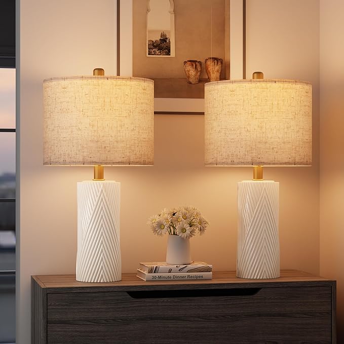 22" Modern Ceramic Table Lamp Set of 2 for Living Room, Table Lamps for Bedroom Set of 2， Farmhouse Bedside Nightstand Bedside Lamp End Table Lamps White