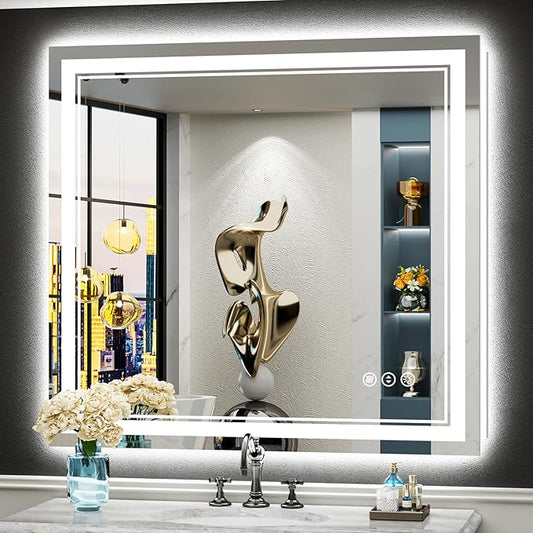 40x38 LED Bathroom Mirror with Lights, Backlit + Front Lit, Anti-Fog Lighted Vanity Mirror for Bathroom Wall, 3 Colors, Dimmable, Memory, HD Tempered Glass, Shatter-Proof, Horizontal/Vertical