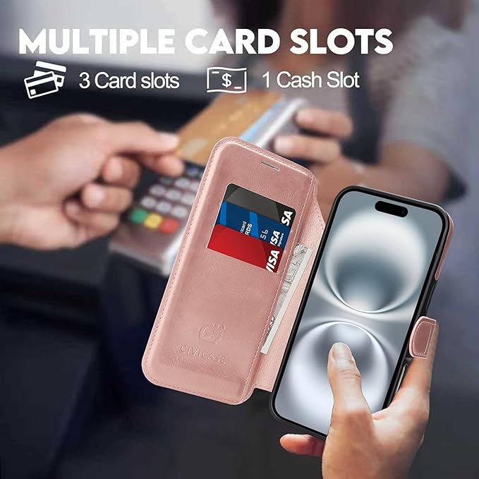CIVICASE for iPhone 17 Wallet Case with Stand,PU Leather Flip Credit Card Holder Slots (RFID Blocking),Compatible with Magsafe Magnetic Holder Phone Cover Women Men,Rose Gold