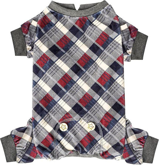 KYEESE Dog Pajamas Plaid Dog Pajamas for Small Dogs Boy Girl Comfy Coat Soft Doggie Jammies Stretchy Onesie Pet Clothes Velvet Pjs, Grey, Medium